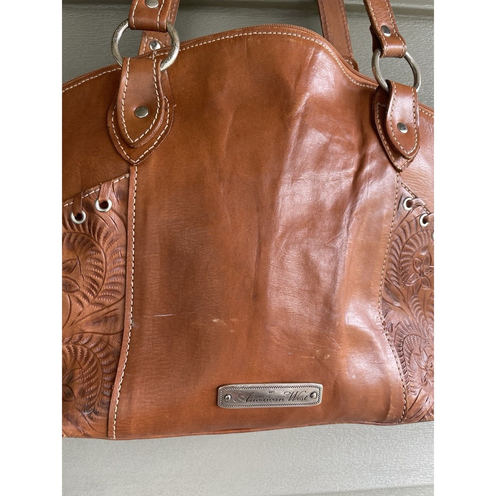 American West Embossed Tooled Leather Western Style Brown Tan Handbag Purse Bag - Picture 5 of 16